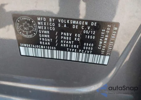 2012 Volkswagen Jetta 2.0L Comfortline из США, поврежденный, VIN 3VWDK7AJ0CM410369